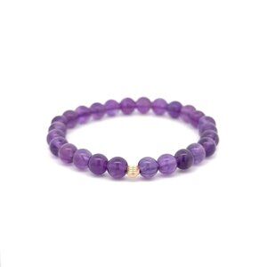 Natural Gemstones Amethyst 6mm Stretchable Bracelet 14k Gold Corrugated Bead